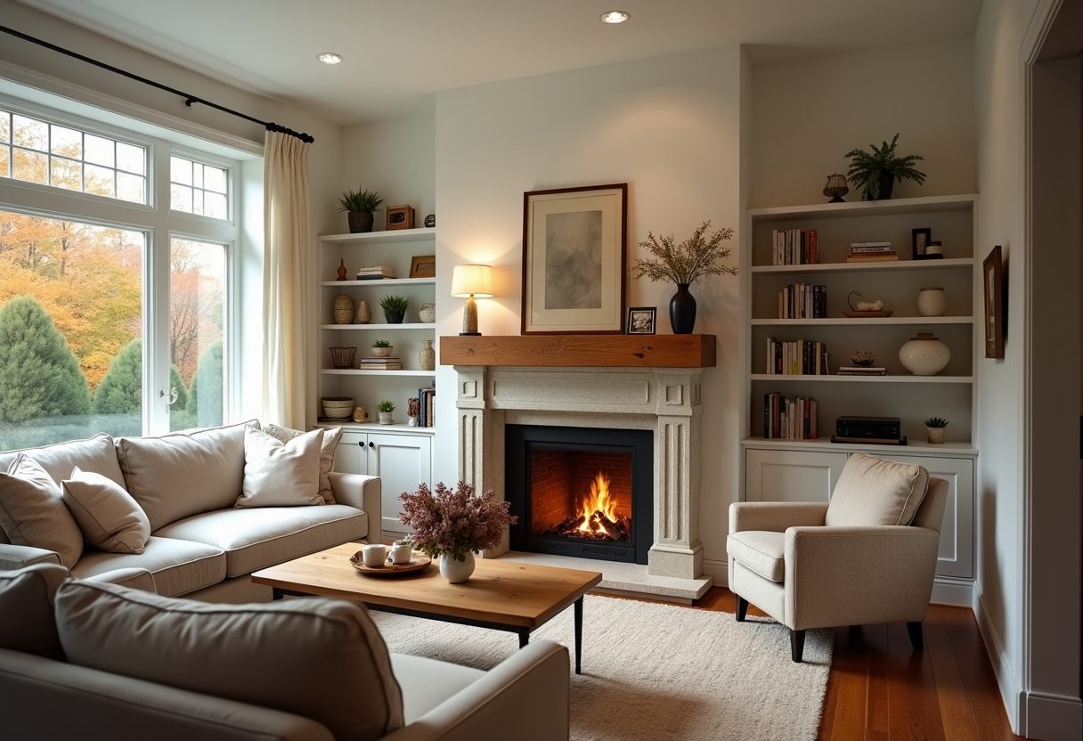 Lit stone fireplace in a bright living room — Kirkland